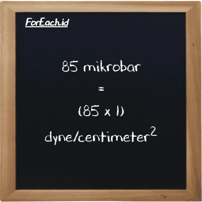 Cara konversi mikrobar ke dyne/centimeter<sup>2</sup> (µbar ke dyn/cm<sup>2</sup>): 85 mikrobar (µbar) setara dengan 85 dikalikan dengan 1 dyne/centimeter<sup>2</sup> (dyn/cm<sup>2</sup>)